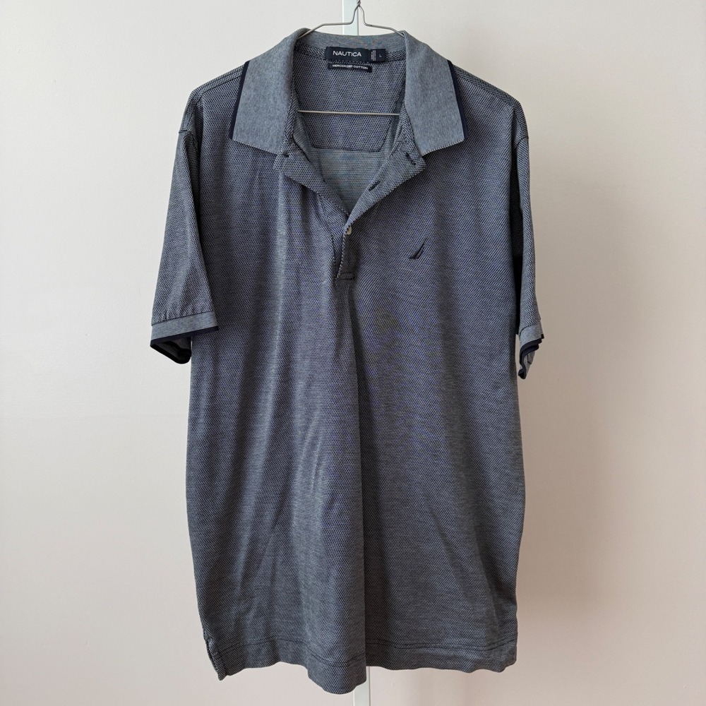 Nautica sz L Mens Mercerized Cotton Polo Shirt Large Blue Textured Short Sleeve